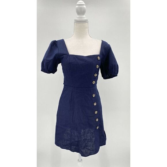 Socialite Linen Dress Navy Blue puff sleeve Smocked mini Sz Small - Picture 1 of 7